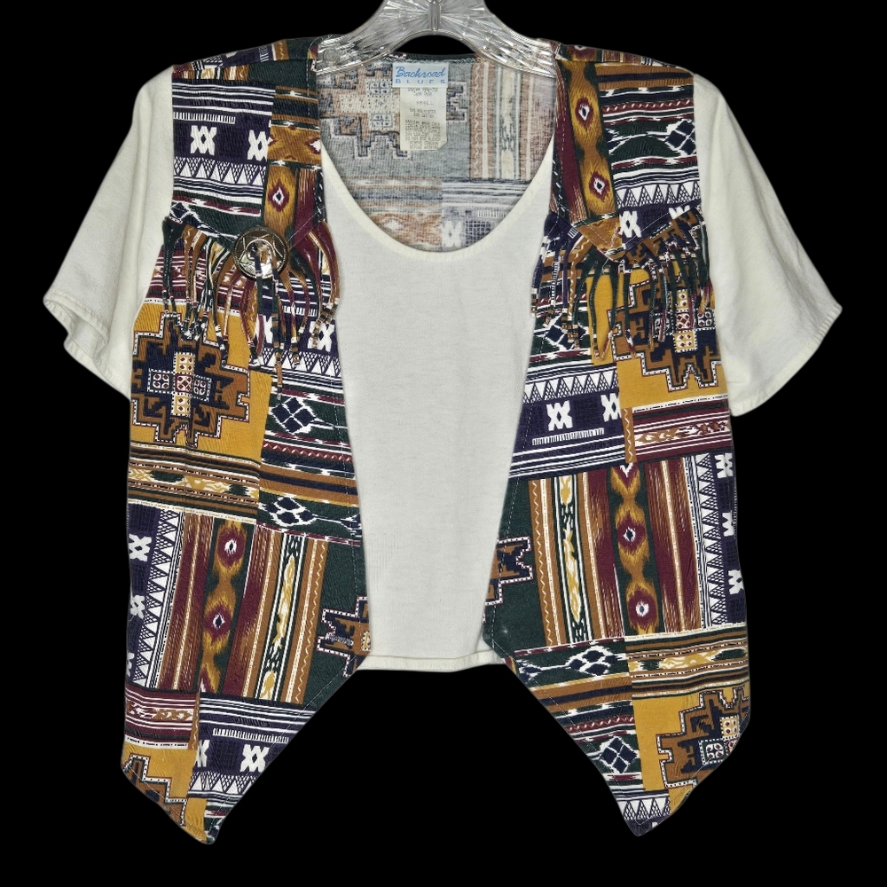 Vintage 90s Backroad‎ Blues Southwestern Vest Sewn Tshirt Crewneck Small Womens